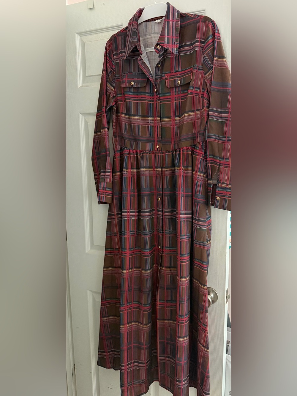 Western Style Plaid Maxi Shirt Dress with Button-Front in Burgundy Plaid